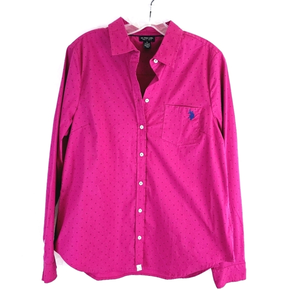 U.S. Polo Assn. Tops - US Polo Lauren Women Sz L Classic Hot Pink Blue Long Sleeve Button Front Top